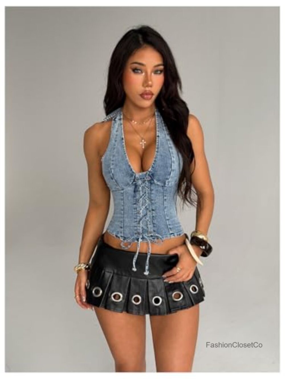 Women's Y2K Denim Halter Corset Vest Top Sleeveless Lace Up Backless - Picture 3 of 7